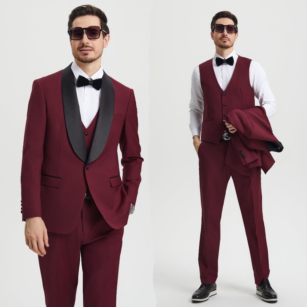 Stacy Adams 3pc Mens Tuxedo Hybrid Fit Shawl Lapel, Burgundy